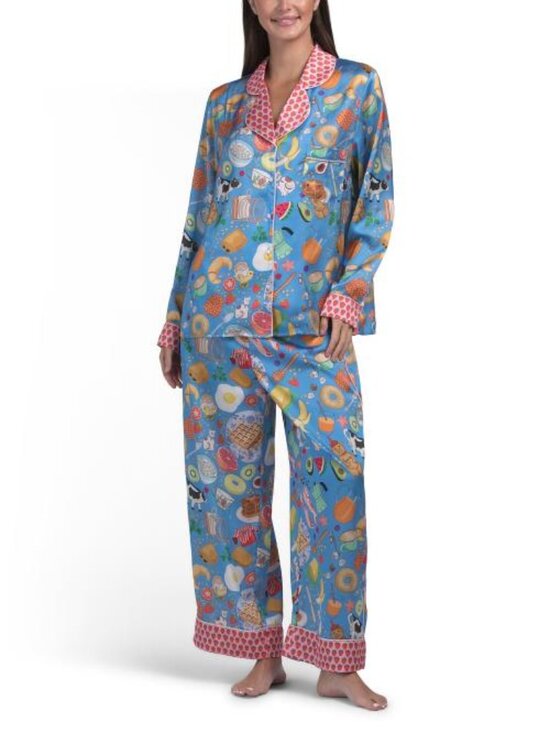 Karen Mabon Other - KAREN MABON 2pc Breakfast Print Notch Collar Pajama Set With Contrast Trim